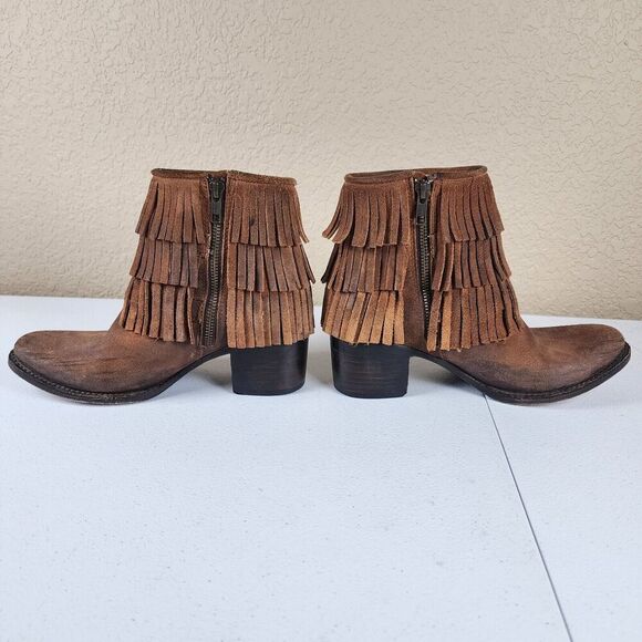 Freebird- Belle Brown Leather Fringe Ankle Boots Rear Zip Booties Bootie, Size 7 - Picture 5 of 12